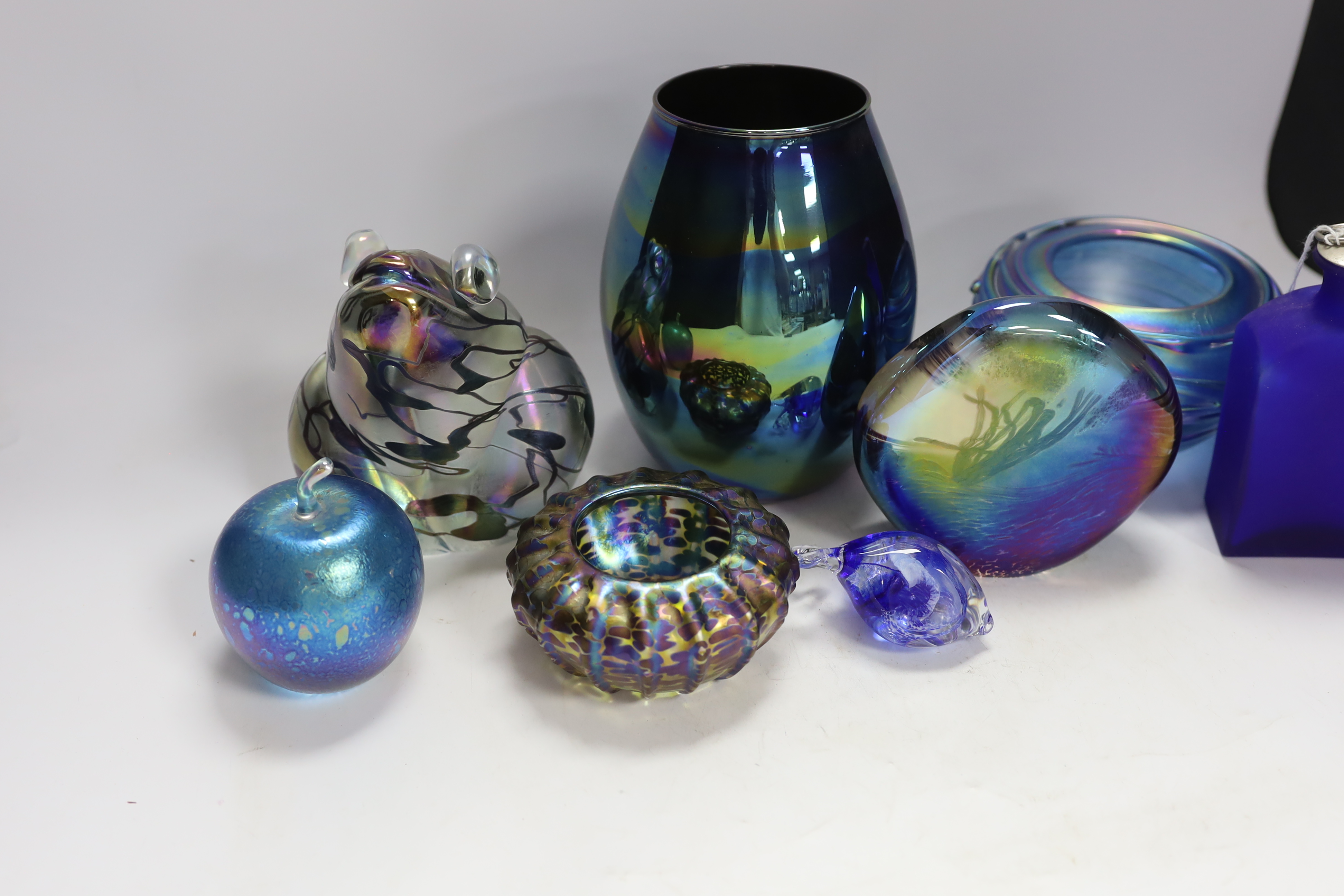 Eight items of ornamental glass including five John Ditchfield Glasforms, tallest 17.5cm